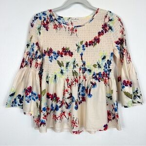 Jane and Delancey Bell Sleeve Smocked Floral Peplum Top Size XS
